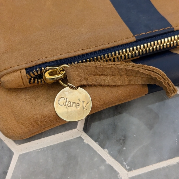 Clare V. The Foldover Clutch Camel Americana Stripe Leather Handbag - Picture 6 of 9